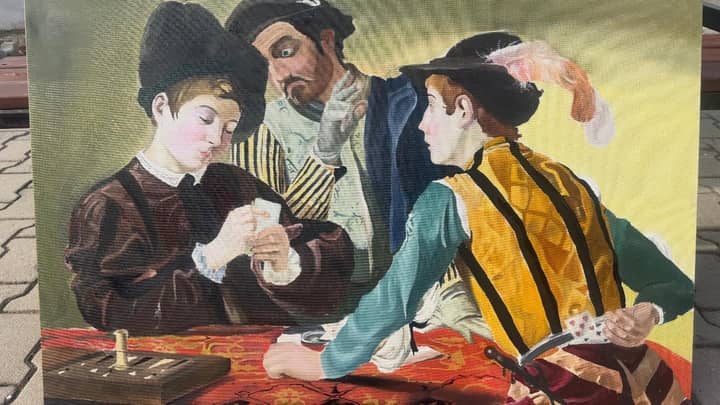 Caravaggio'nun 'The Cardsharps' (Kâğıt Oyuncuları) tablosunun yağlı boya kopyası